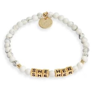 LITTLE WORDS PROJECT Bracelet White Gray Marble "She Her" Stretch Bracelet